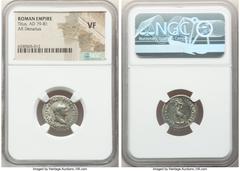 Ancients Roman Imperial Titus, as Augustus (AD 79-81). AR denarius (18mm, 12h). NGC VF. Rome, AD 80. IMP TITVS CAES VESPASIAN AVG P M, laureate head of Titus right / TR P IX IMP XV-COS VIII P P, dolph