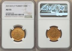 Islamic Dynasties Ottoman Empire Ottoman Empire. Mehmed V gold 100 Kurush AH 1327 Year 7 (1913/1914) AU55 NGC, Constantinople mint, KM776. Orange toned surfaces. HID05401242017 © 2022 Heritage Auction