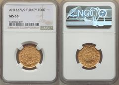 Islamic Dynasties Ottoman Empire Ottoman Empire. Mehmed V gold 100 Kurush AH 1327 Year 9 (1915/1916) MS63 NGC, Constantinople mint, (in Turkey), KM776. Choice and lustrous with rose colored tone. HID0