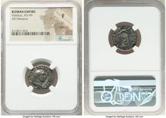 Ancients Roman Imperial Vitellius (late April-20 December AD 69). AR denarius (19mm, 6h). NGC Fine, scratches. Rome. A VITELLIVS GERMAN IMP TR P, laureate head of Vitellius right / XV VIR-SACR FAC, tr