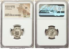 Ancients Roman Imperial Pupienus (April-July AD 238). AR denarius (20mm, 1h). NGC VF. Rome, April-June AD 238. IMP C M CLOD PVPIENVS AVG, laureate, draped, cuirassed bust of Pupienus right, seen from 