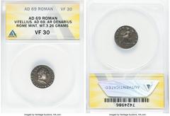 Ancients Roman Imperial Vitellius (late April-20 December AD 69). AR denarius (17mm, 3.26 gm, 6h). ANACS VF 30. Rome, July-December AD 69. A VITELLIVS GERM IMP AVG TR P, laureate head of Vitellius rig