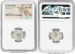 Ancients Roman Imperial Macrinus (AD 217-218). AR denarius (19mm, 11h). NGC Choice VF. Rome, AD 217-218. IMP C M OPEL SEV MACRINVS AVG, laureate, cuirassed bust of Macrinus right, seen from front, wit