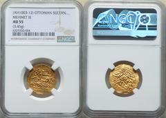 Islamic Dynasties Ottoman Empire Ottoman Empire. Mehmed III (AH 1003-1012 / AD 1595-1603) gold Sultani ND AU55 NGC, A-1340.2. 3.45gm. HID05401242017 © 2022 Heritage Auctions | All Rights Reserved.