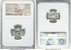 Ancients Roman Imperial Tiberius (AD 14-37). AR denarius (19mm, 3.66 gm, 3h). NGC Choice VF 4/5 - 4/5. Lugdunum, ca. AD 15-18. TI CAESAR DIVI-AVG F AVGVSTVS, laureate head of Tiberius right / PONTIF-M