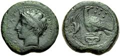 GREEK COINS SICILIA AKRAGAS. Hemilitron ca. 400-380 v. Chr. Gehörnter Kopf des jungen Flussgottes Akragas mit Diadem nach links // Adler auf Kapitel ruhend, den Kopf nach rechts gewandt, im Feld links
