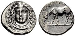 GREEK COINS THESSALIA LARISSA. Drachme (Silber) 395-344 v. Chr. Kopf der Nymphe Larissa dreiviertel nach links // Grassendes Pferd nach links. SNG Cop. 127-128. 5.86 g. Seltenere Variante (Pferd nach 