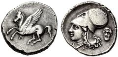 GREEK COINS ACARNANIA LEUKAS. Stater (Silber) 350 v. Chr. Pegasos nach links, darunter Lambda // Kopf der Athena mit korinthischem Helm, davor A, darunter Lambda, dahinter Maske eines Silens. BMC (Cor