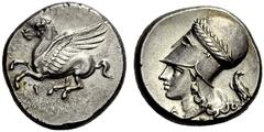GREEK COINS CORINTHIA KORINTH. Stater (Silber) ca. 338-300 v. Chr. Pegasos nach links, darunter Koppa // Athenakopf mit olivenzweigbekränztem korinthischen Helm nach links, davor Alpha, dahinter Adler