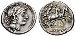 ROMAN COINS COINS OF THE ROMAN REPUBLIC Denar (Silber), 154 v. Chr. Rom. Behelmter Romakopf nach rechts, dahinter Wertzahl X // Victoria in Biga nach rechts, darunter C. AL; im Abschnitt ROMA. Crawf. 