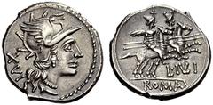ROMAN COINS COINS OF THE ROMAN REPUBLIC Denar (Silber), 141 v. Chr. Rom. Behelmter Kopf der Roma nach rechts, dahinter Wertzahl XVI // Dioscuri nach rechts galoppierend, darunter L. IVLI; im Abschnitt