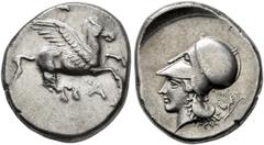 EPIRUS.   Stater, Corinthian Type, about 400-380 BC. AR 8.38 g. A Pegasus flying r. Rev. Head of Athena l., wearing Corinthian helmet with large neck-guard; behind vine-leaf (?) with tendril. Calciati