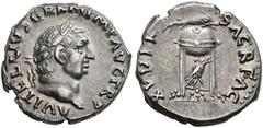 COINS OF THE ROMAN EMPIRE.   VITELLIUS, AD 69. Denarius. AR 3.52 g. A VITELLIVS GERM IMP AVG TR P Laureate head r. Rev. XV VIR - SACR FAC Tripod-lebes with handle in form of a dolphin r., between the 