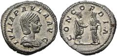 COINS OF THE ROMAN EMPIRE.   JULIA PAULA, 1st wife of Elagabalus, AD 219-220. Denarius. AR 3.38 g. IVLIA PAVLA AVG Draped bust r., the finely curled hair in a large bun at the back of the head. Rev. C