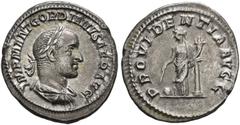 COINS OF THE ROMAN EMPIRE.   GORDIANUS II AFRICANUS, AD 238. Denarius. AR 3.13 g. IMP M ANT GORDIANVS AFR AVG Laureate, draped and cuirassed bust r., forehead bald. Rev. PROVIDENTIA AVGG Providentia, 