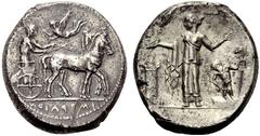 GRIECHISCHE MÜNZEN SIZILIEN HIMERA Tetradrachmon, 440-430. IMERAION (rückläufig) im Abschnitt. Quadriga im Schritt n. r., der mit einem Chiton bekleidete Lenker hält mit beiden Händen die Zügel, in de