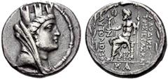 GRIECHISCHE MÜNZEN STÄDTE IN SYRIEN LAODIKEIA Tetradrachmon, 65-64. Verschleierte Tychebüste mit Mauerkrone n. r., Stemma. Rv. LAODIKEWN / THS IERAS KAI - AUTONOMOU Zeus im Himation mit Szepter und kr