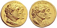 GRIECHISCHE MÜNZEN ÄGYPTEN KÖNIGREICH DER PTOLEMAIER PTOLEMAIOS II. PHILADELPHOS, 285-246 Oktodrachmon (Mnaeion), Gold. ADELFWN Die Büsten n. r., die des Ptolemaios II. mit Diadem und die der Arsinoe 