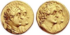 GRIECHISCHE MÜNZEN ÄGYPTEN KÖNIGREICH DER PTOLEMAIER PTOLEMAIOS II. PHILADELPHOS, 285-246 1/2 Mnaeion (Tetradrachmon), Gold. ADELFWN Die Büsten n. r. des Ptolemaios II. drapiert mit Diadem und der Ars
