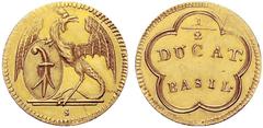 EUROPA SCHWEIZ BASEL, STADT 1/2 Dukat o.J. (um 1780). Stempel von Johann Ulrich Samson. Stehender Basilisk mit ovalem Basler Schild nach links, den Kopf nach rechts gewandt; im Abschnitt S // 1/2 / DU