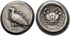 GREEK COINS SICILIA.   AKRAGAS. Didrachm, about 485-475. AR 8.52 g. AKRA Eagle standing l. Rev. Crab in a round incuse. SNG ANS 939 (same obv. die); Westermark 50, 171 (same dies). Short, thick flan. 