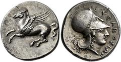 GREEK COINS SICILIA.   SYRACUSE. Timoleon and Third Democracy, 344-317 BC. Stater, Corinthian type. AR 8.50 g. Pegasus flying l. Rev. ΣYPAKOΣIΩN Head of Athena r., wearing Corinthian helmet with long 