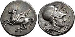 GREEK COINS SICILIA.   SYRACUSE. Stater, Corinthian type, AR 8.65 g. Pegasus flying l. Rev. ΣYPAKOΣIΩN Head of Athena r., wearing Corinthian helmet with long neck guard. Calciati, Pegasi II, 607, 2; S