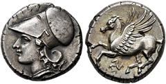GREEK COINS SICILIA.   SYRACUSE. Agathokles, king and tyrant 317-289 BC. Stater, reduced Corinthian type, about 304-289. AR 6.82 g. Head of Athena l., wearing Corinthian helmet with long neck guard. R