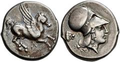 GREEK COINS ACARNANIA.   LEUKAS. Stater, Corinthian type, about 350-320. AR 8.49 g. Λ Pegasus flying r. Rev. Head of Athena r., wearing Corinthian helmet with large neck guard; in field l., lion head 