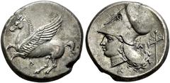 GREEK COINS ACARNANIA.   LEUKAS. Stater, Corinthian type, about 320-280. AR 8.49 g. Λ Pegasus flying l. Rev. Head of Athena l., wearing Corinthian helmet with large neck guard; beneath neck, monogram 