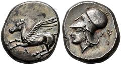 GREEK COINS ACARNANIA.   LEUKAS. Stater, Corinthian type, about 320-280. AR 8.60 g. Λ Pegasus flying l. Rev. Head of Athena l., wearing Corinthian helmet with large neck guard; in field r., Λ and kery