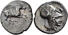 GREEK COINS CORINTHIA.   CORINTH. Stater, about 380-350. AR 8.40 g. Pegasus flying r. Rev. Head of Athena r., wearing Corinthian helmet with large neck guard; behind, Σ, high in field r., dolphin swim