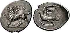 GREEK COINS SIKYONIA.   SICYON. Triobol, about 330-280. AR 2.83 g. Chimaera standing l., r. forepaw raised, composed of a body of a lion, forepart of a goat emerging on the back, serpent erect as tail