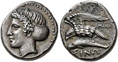 GREEK COINS PAPHLAGONIA.   SINOPE. Drachm, about 350-300. AR 6.11 g. Head of nymph Sinope l., hair in the back in sphendone. Rev. ΣINΩ Sea eagle with open wings on a dolphin l., between wings and tail