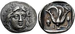 GREEK COINS ISLANDS OFF CARIA.   RHODOS. Didrachm, about 340-316. AR 6.84 g. Three-quarter facing head of Helios, slightly turned r. Rev. POΔION Open rose with bud on the r. side; in field l., bunch o