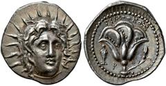 GREEK COINS ISLANDS OFF CARIA.   RHODOS. Didrachm, about 250-230. AR 6.69 g. Radiate, facing head of Helios, slightly turned r. Rev. P - O Open rose with bud on the r. side; in field l., facing statue