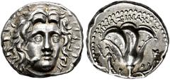 GREEK COINS ISLANDS OFF CARIA.   RHODOS. Didrachm, about 250-230. AR 6.73 g. Radiate, facing head of Helios, slightly turned r. Rev. P - O Open rose with bud on the r. side; in field l., statue of Ath