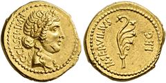 ROMAN COINS FROM CASSIUS TO CAHN.   C. CASSIUS LONGINUS. With M. Servilius, leg. Aureus, mint moving with Brutus and Cassius, about 43-42. AV 7.98 g. C.CASSI.IMP Laureate head r. of Libertas, hair in 
