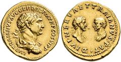 ROMAN COINS COINS OF THE ROMAN EMPIRE.   TRAIANUS, AD 98-117. Dynastic Aureus with Divus Nerva and Divus Traianus Pater. AV 7.33 g. IMP TRAIANVS AVG GER DAC PM TR P COS VI PP Laureate, draped and cuir