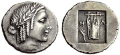 GRIECHISCHE MÜNZEN LYKIEN LYKISCHE LIGA Hemidrachmon, Masikytes , 35-27. L-U Apollokopf mit Lorbeerkranz n. r. Rv. M-A Kithara, im Felde l. Palmzweig; das Ganze in einem flachen Quadratum incusum. 1,9
