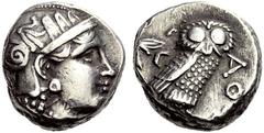 GRIECHISCHE MÜNZEN ATTIKA ATHEN Tetradrachmon, 390-290. Athenakopf im attischen Helm mit Ranke und drei Olivenblättern n. r. Rv. AQE Eule n. r., Kopf frontal, im Felde l. Mondsichel und Olive mit zwei