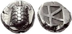 GRIECHISCHE MÜNZEN AIGINA Stater, 440-380. Land-Schildkröte. Rv. Viergeteiltes Quadratum incusum, das eine Teilfeld durch eine Diagonale in zwei Dreiecke geteilt. 12,31 g. SNG Delepierre 1781. SNG Cop