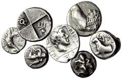 ANTIKE LOTS GRIECHISCHE MÜNZEN THRAKIEN. Kleinsilber. Abdera , Triobol, SNG Cop. 365; Byzantion , Triobol, SNG BM 16; Chersonesos , Hemidrachmen (2), SNG Cop. 824 und 836; Dikaia , Obol, RR ; Mesembri