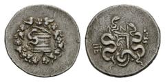 GREEK COINS MYSIA PERGAMUM. Cistophor 104-98 BC. Cista mystica with half-open lid, from which serpent emerges; wreath composed of ivy and berries around // Bow in an ornamented bow-case (gorytos) betw