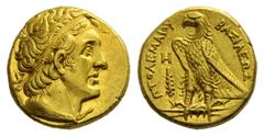 GRIECHISCHE MÜNZEN KÖNIGREICH DER PTOLEMAIER PTOLEMAIOS II. PHILADELPHOS, 285-246 Pentadrachmon, Gold, Tyros , 276-275. Kopf des Ptolemaios I. mit Diadem n. r., Aegis um den Hals geknüpft. Rv. ΠTOΛEMA