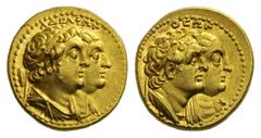 GRIECHISCHE MÜNZEN KÖNIGREICH DER PTOLEMAIER PTOLEMAIOS II. PHILADELPHOS, 285-246 1/2 Mnaeion (Tetradrachmon), Gold. AΔEΛΦΩN Die Büsten n. r. des Ptolemaios II. drapiert mit Diadem und der Arsinoe mit