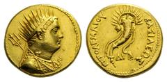 GRIECHISCHE MÜNZEN KÖNIGREICH DER PTOLEMAIER PTOLEMAIOS IV. PHILOPATOR, 221-204 Mnaeion (Oktodrachmon), Gold. Pantheistische Büste des vergöttlichten Ptolemaios III. n. r. mit Strahlenkrone (Helios), 