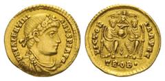 COINS OF THE ROMAN EMPIRE diverse Valentinianus I, 364-375. Solidus late 372, Treveri. 4.49 g. Rosette- and laurel-diademed, draped, and cuirassed bust right // Valentinian I and Valens enthroned faci