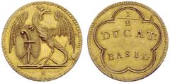 SAMMLUNG SCHWEIZ BASEL, STADT 1/2 Dukat o.J. (um 1760). Stempelschneider Johann Ulrich Samson. Keine Umschrift. Basilisk nach links, mit ovalem Wappenschild, im Abschnitt Signatur S // 1/2 DUCAT BASIL