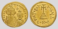 BYZANTINE EMPIRE Constans II., 641-668. Solidus 654-659, Constantinople. 4.42 g. Crowned busts of Constans on left and Constantinus on right facing; Constans with long beard; Constantinus small and be